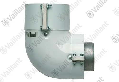 Vaillant Bogen in 90 Grad, weißes Kunststoffteil mit Metallanschluss, geeignet für Abluftsysteme. Sichtbare Schraubverbindungen zur Befestigung.